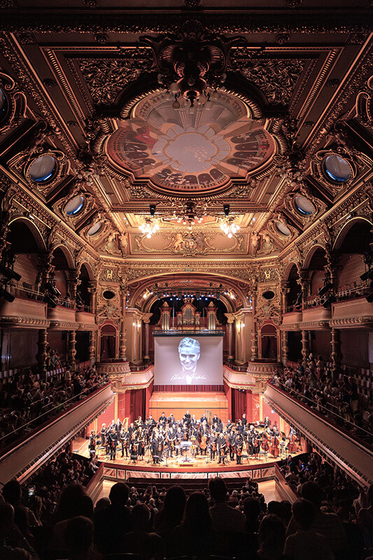 Perspective spectaculaire sur le Victoria Hall à l'occasion du ciné-concert Les lumières de la Ville (c) Eugénie Rousak