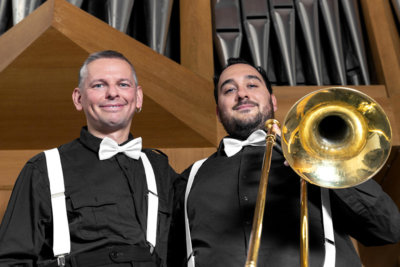 Complices à l'issue d'un concert, Hubert Salvagni à l'orgue et Francesco D'Urso au trombone (c) Aline Bovard Rudaz