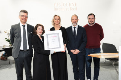 La remise du Prix Solo artgenève - F.P.Journe avec Claude Membrez, Rebekka Steiger, Amélie Lefévère, Thierry Apothéloz et Thomas Hug Photos LDD F-P. Journe