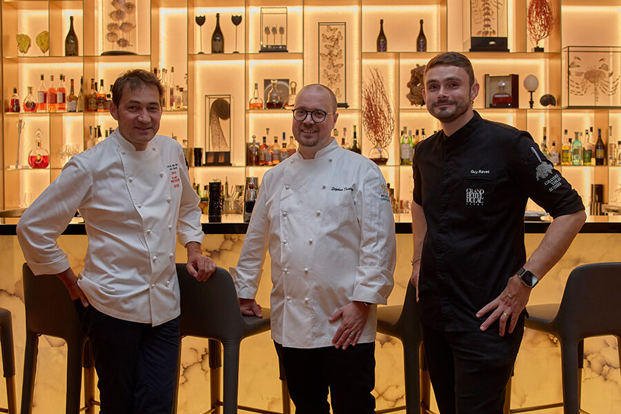 Membres de Relais et Châteaux, le trio de Chefs officiant à l'occasion du diner Franck Derouet, Stéphane Décotterd et Guy Ravet ©wimanphotography
