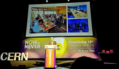 Le Prédident-Fondateur de CineGlobe Neal Hartmann présentant le Festival au CERN (c) GAD